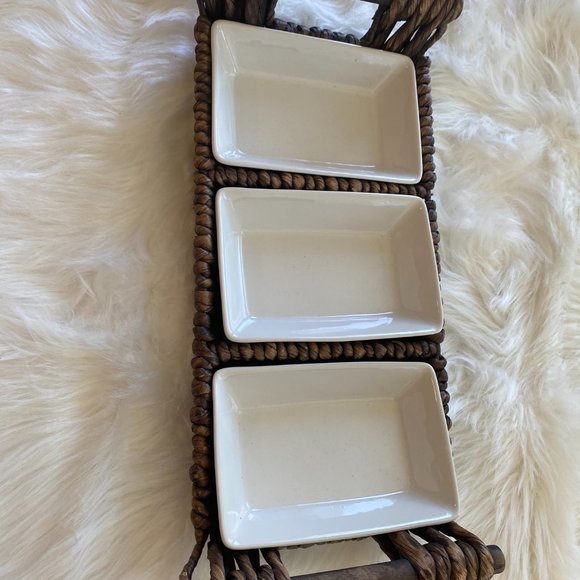 Brown Wicker Woven Condiments Serving Tray w/ 3 Fitted White Dishes NWOT - Picture 13 of 13